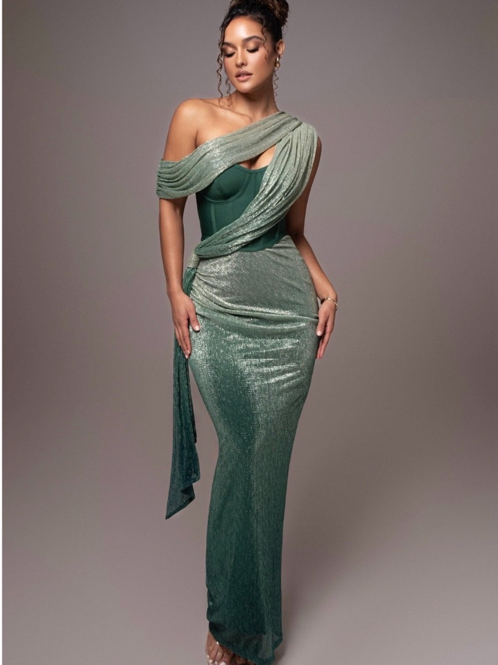 JLUXLABEL Metallic Sage Green One-Shoulder Draped Evening Gown